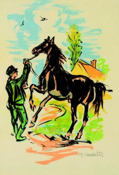 A man restraining a horse A man restraining a horse