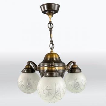 Three Light Chandelier - brass, cut glass - 1910 Three Light Chandelier - brass, cut glass - 1910