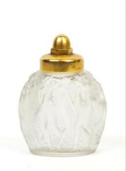 Flacon - gilded brass, pressed glass - Lalique  - 1930 Flacon - gilded brass, pressed glass - Lalique  - 1930